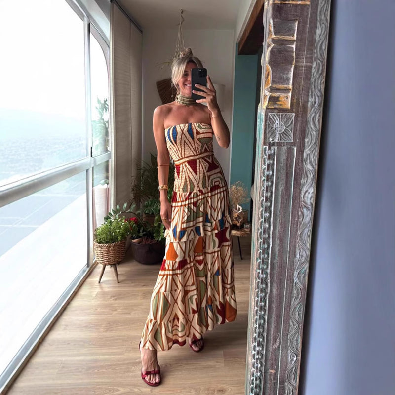 Summer Women Retro Boho High Waist Printing Slip Dress