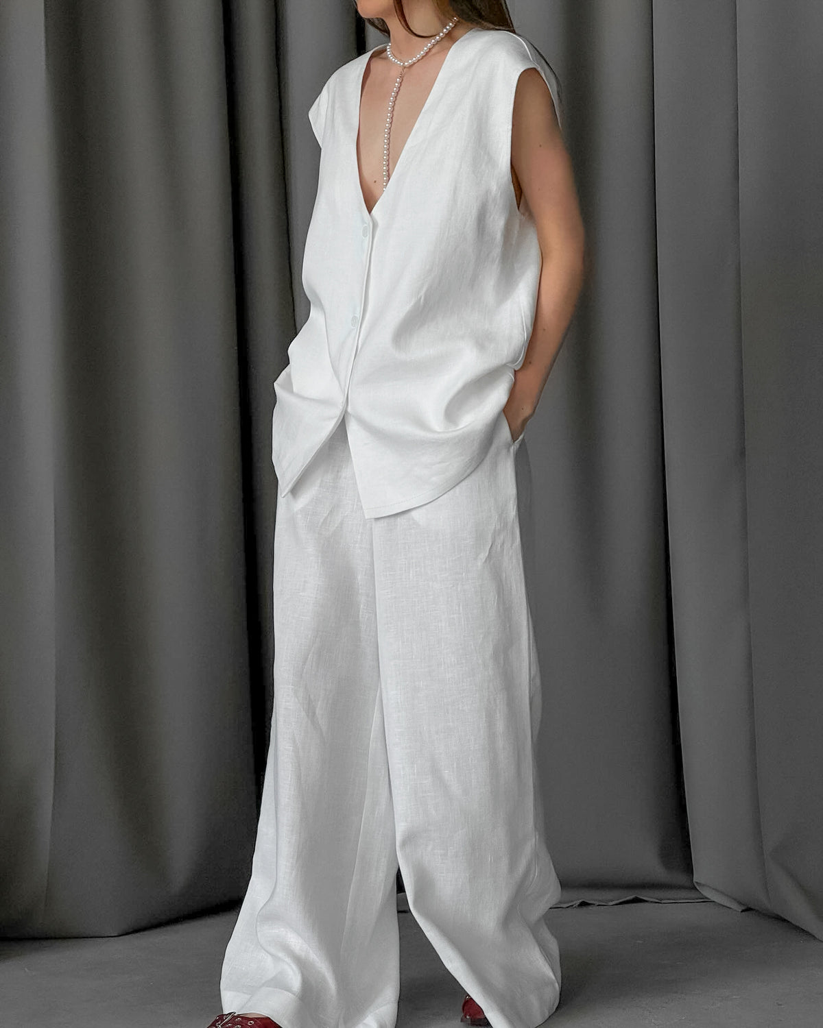 White V neck Cotton Linen Sleeveless Waistcoat Vest Trousers Spring Summer Two Piece Sets for Women