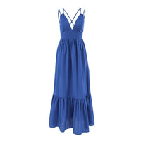 French Vacation Blue Cotton-Linen V-Neck Backless Dress