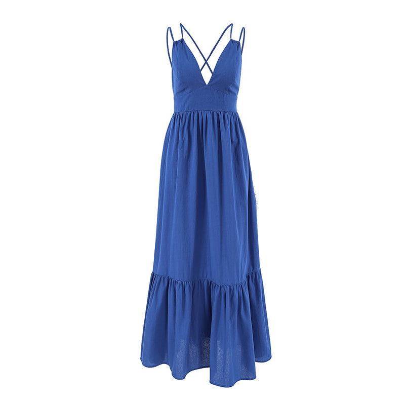 French Vacation Blue Cotton-Linen V-Neck Backless Dress
