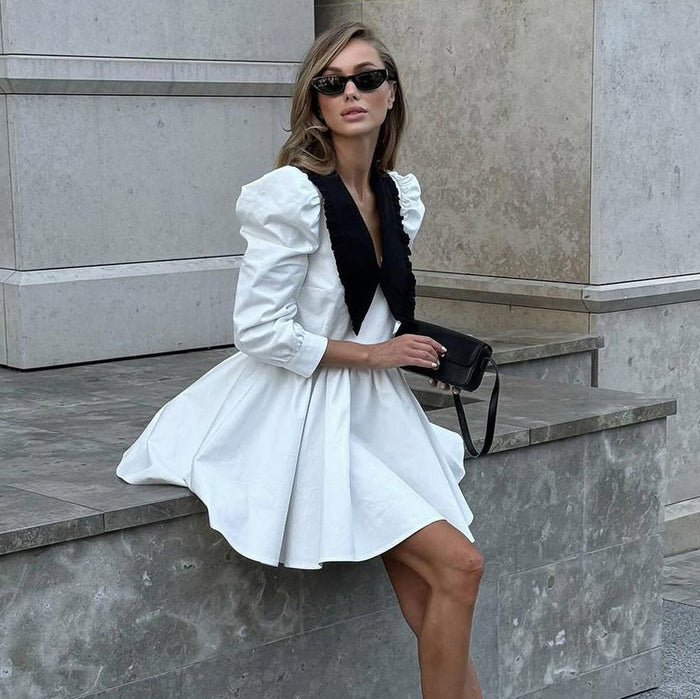 Spring Autumn French Black White Contrast Dress