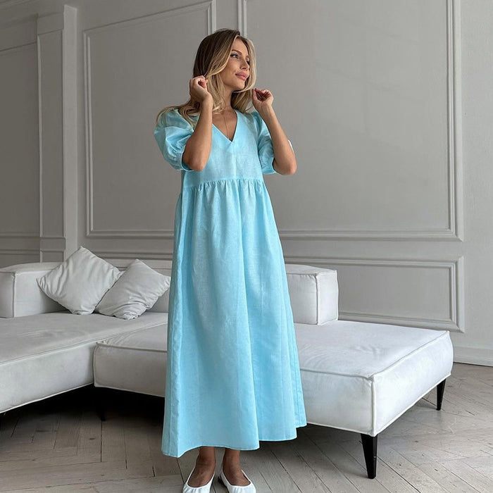 French Lightly Mature V-Neck Puff Sleeve Dress