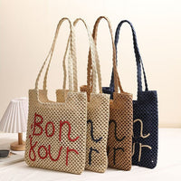 Letter Graphic Embroidered One-Shoulder Straw Bag