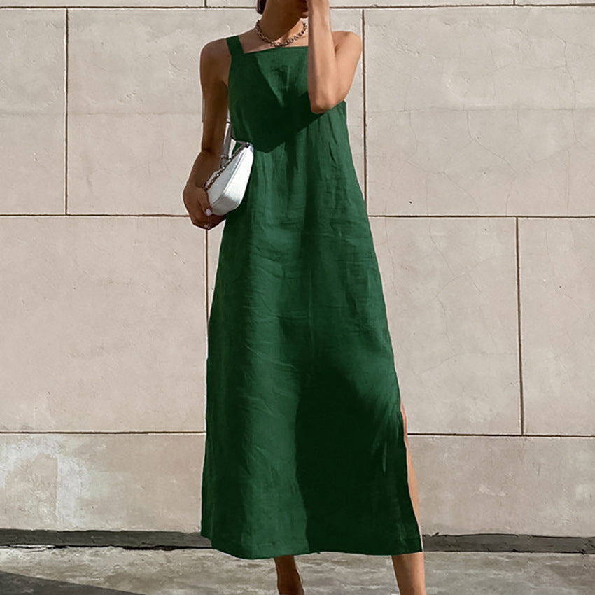French Maxi Dress Cotton Linen Sleeveless Dress