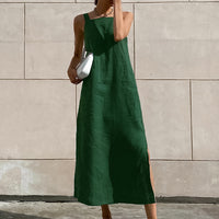 French Maxi Dress Cotton Linen Sleeveless Dress