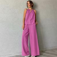 Khaki Cotton Linen Hollow Out Cutout Tied Sleeveless Halter Vest Wide Leg Pants Set