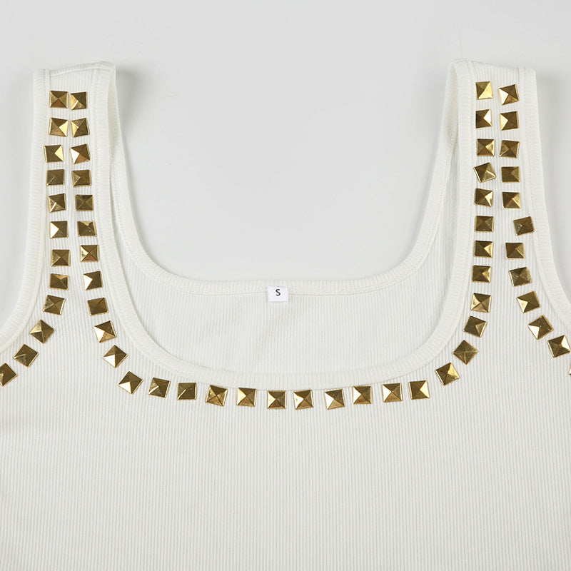Personality Street Metal Square Rhinestone I Shaped Vest Square Collar Sexy Casual Top Summer
