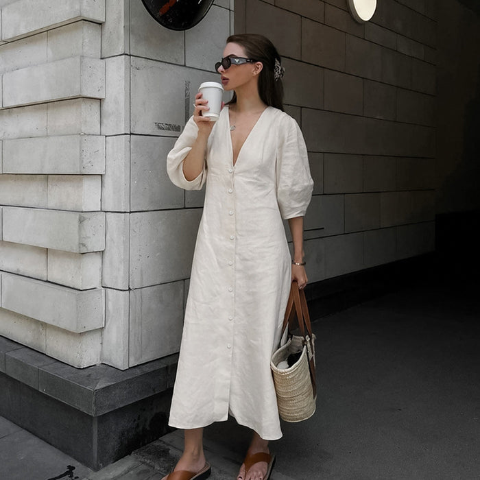 French Beige Cotton Linen Puff Sleeve Dress