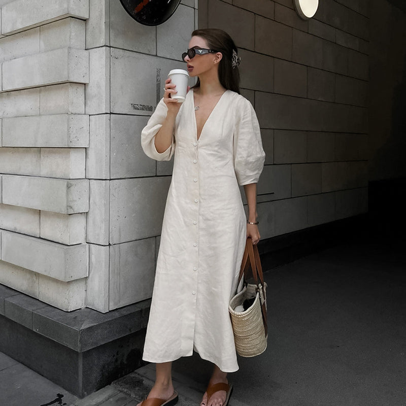 French Beige Cotton Linen Puff Sleeve Dress