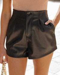 Spring Summer Solid Color High Waist Leather Shorts Women