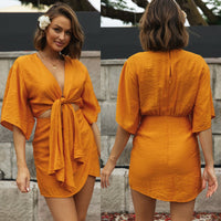 Solid Color Chest Tie-Up Short Dress with Irregular Hem