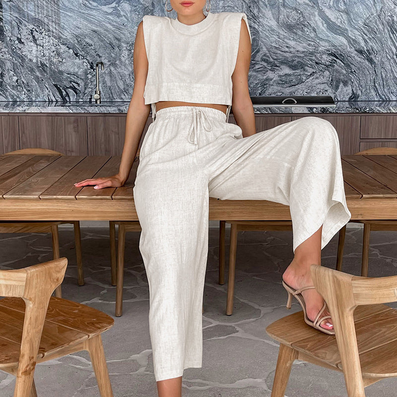 Padded Shoulder Sleeveless Top & Trousers Set