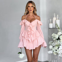 Backless Ruffled Halter Long Sleeve Romper