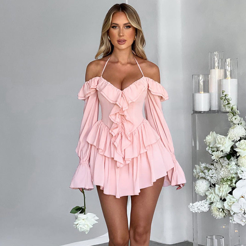 Backless Ruffled Halter Long Sleeve Romper