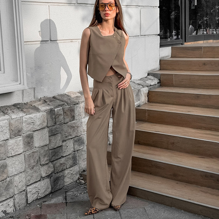 Casual Khaki Elegant Sleeveless Vest &amp; Trousers