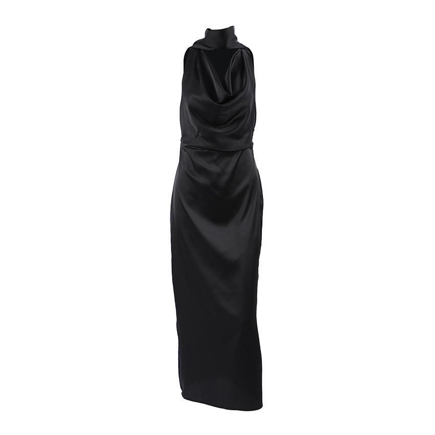 Black Matte Satin Off-Shoulder Midi Dress