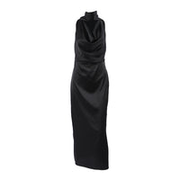Black Matte Satin Off-Shoulder Midi Dress
