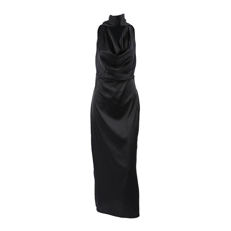 Black Matte Satin Off-Shoulder Midi Dress