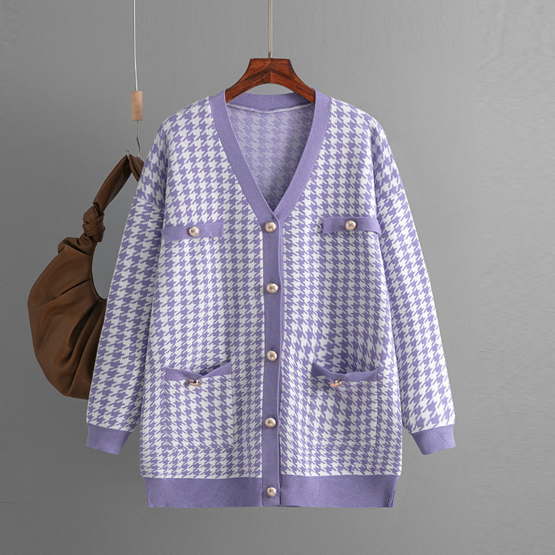 Houndstooth V-Neck Knitted Cardigan