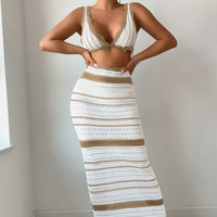 Striped Texture Vacation Casual Sexy Beach Bikini Skirt Two-Piece Set