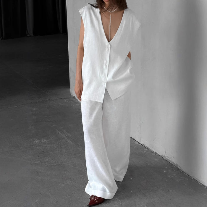 White V neck Cotton Linen Sleeveless Waistcoat Vest Trousers Spring Summer Two Piece Sets for Women