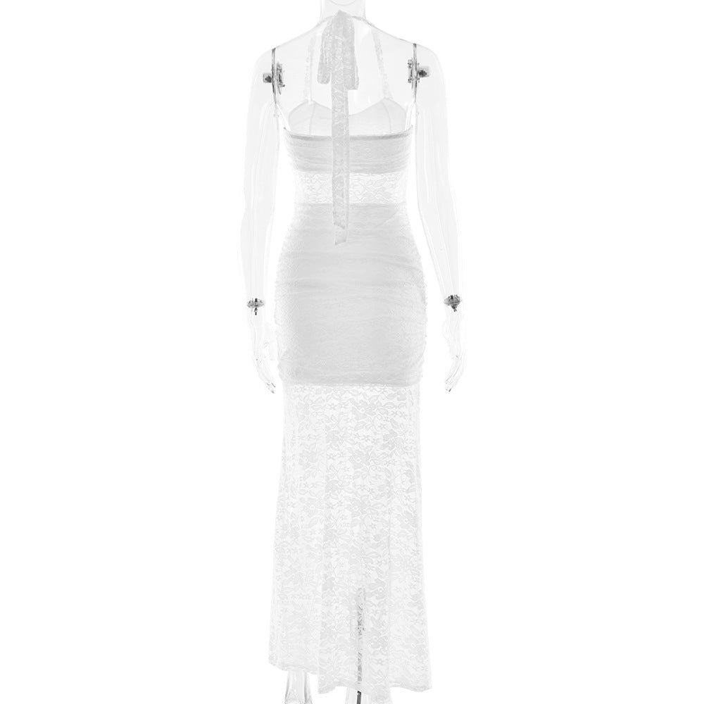 Summer Elegant Halter Lace Maxi Dress Sexy Sleeveless Backless Slim Fit Dress Women