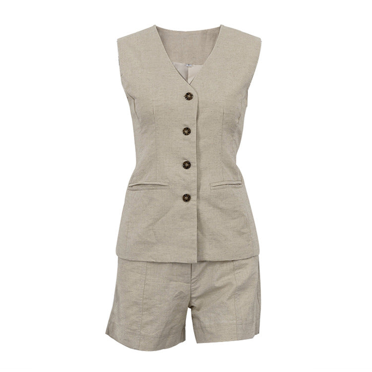 Cotton Linen Sleeveless Waistcoat & Shorts Set
