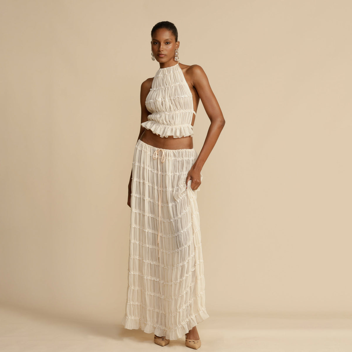 Backless Lace-Up Halterneck Sling Top Set