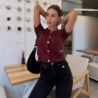 Twist Front Ribbed Knit Slim Top