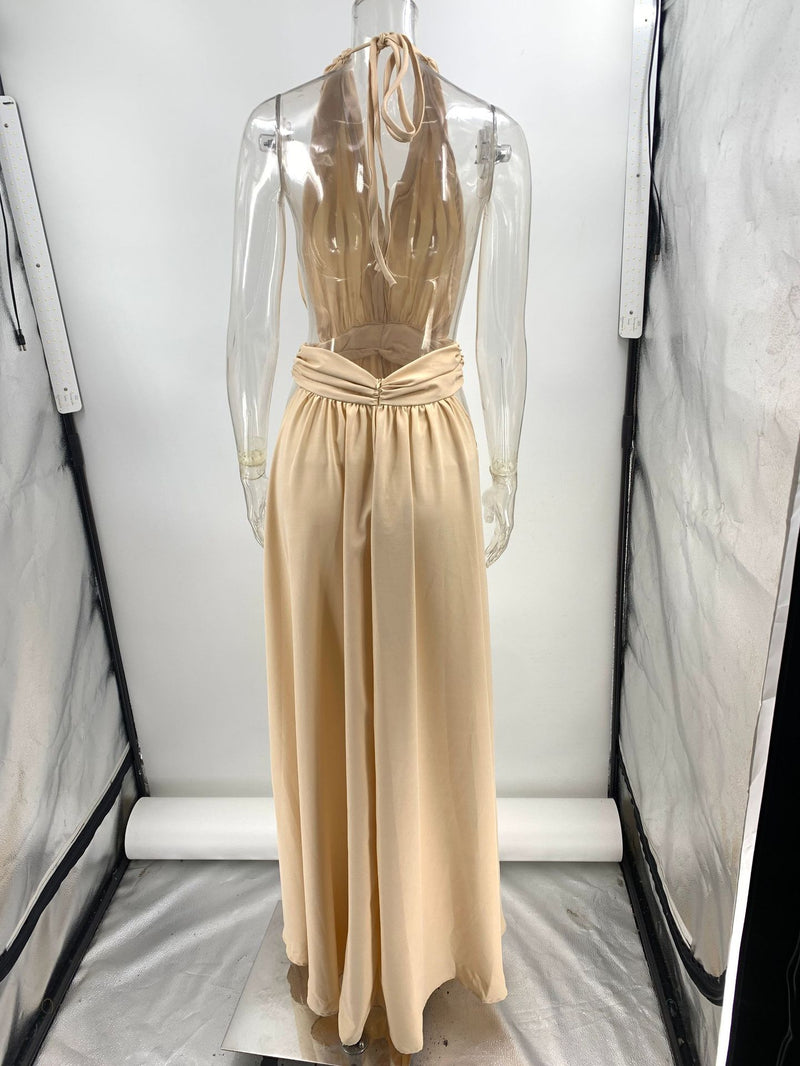 Summer Deep V Plunge neck Long Evening Dress Pleated Halter Backless Dress Women