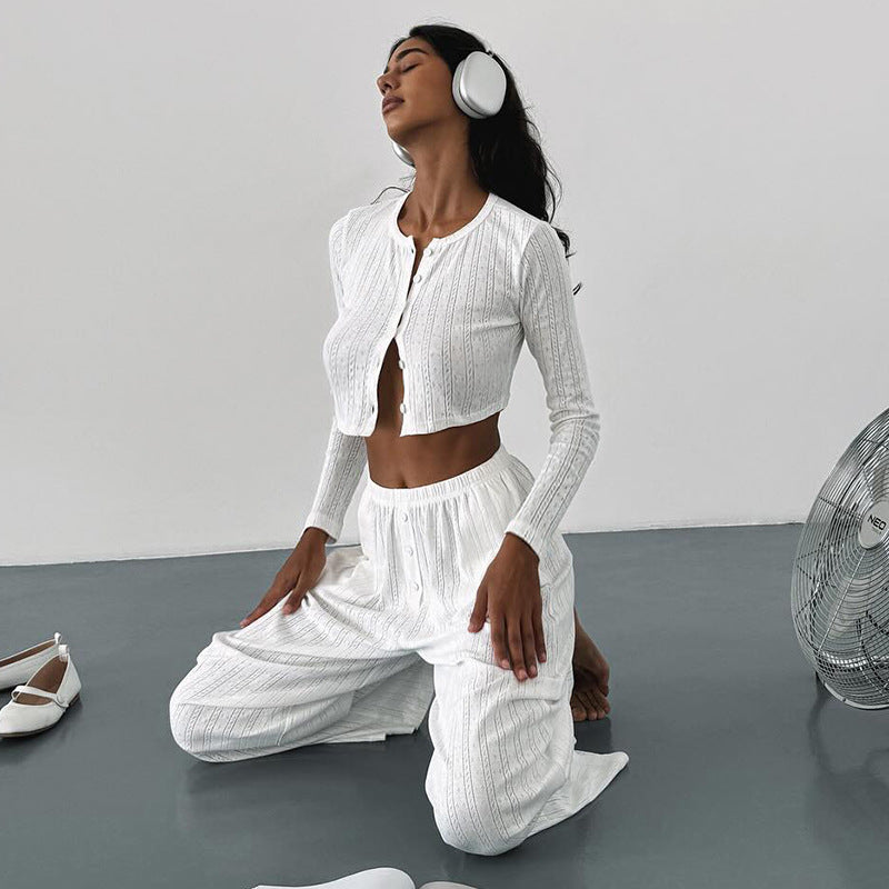 Casual Knitted Button-Up Long Sleeve Pajama Set