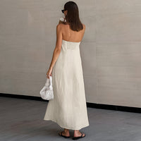 French Khaki Cotton Linen Tube Top Maxi Dress