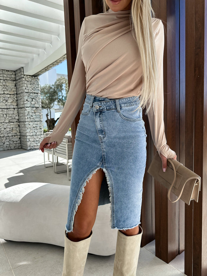Solid Color Denim Slit Skirt - Fresh & Fashionable
