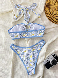 Bikini Sexy Print High Slit Halter Backless Swimsuit