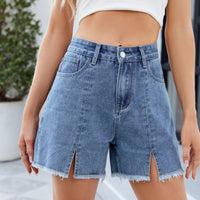 Washed Denim Frayed Hem Shorts