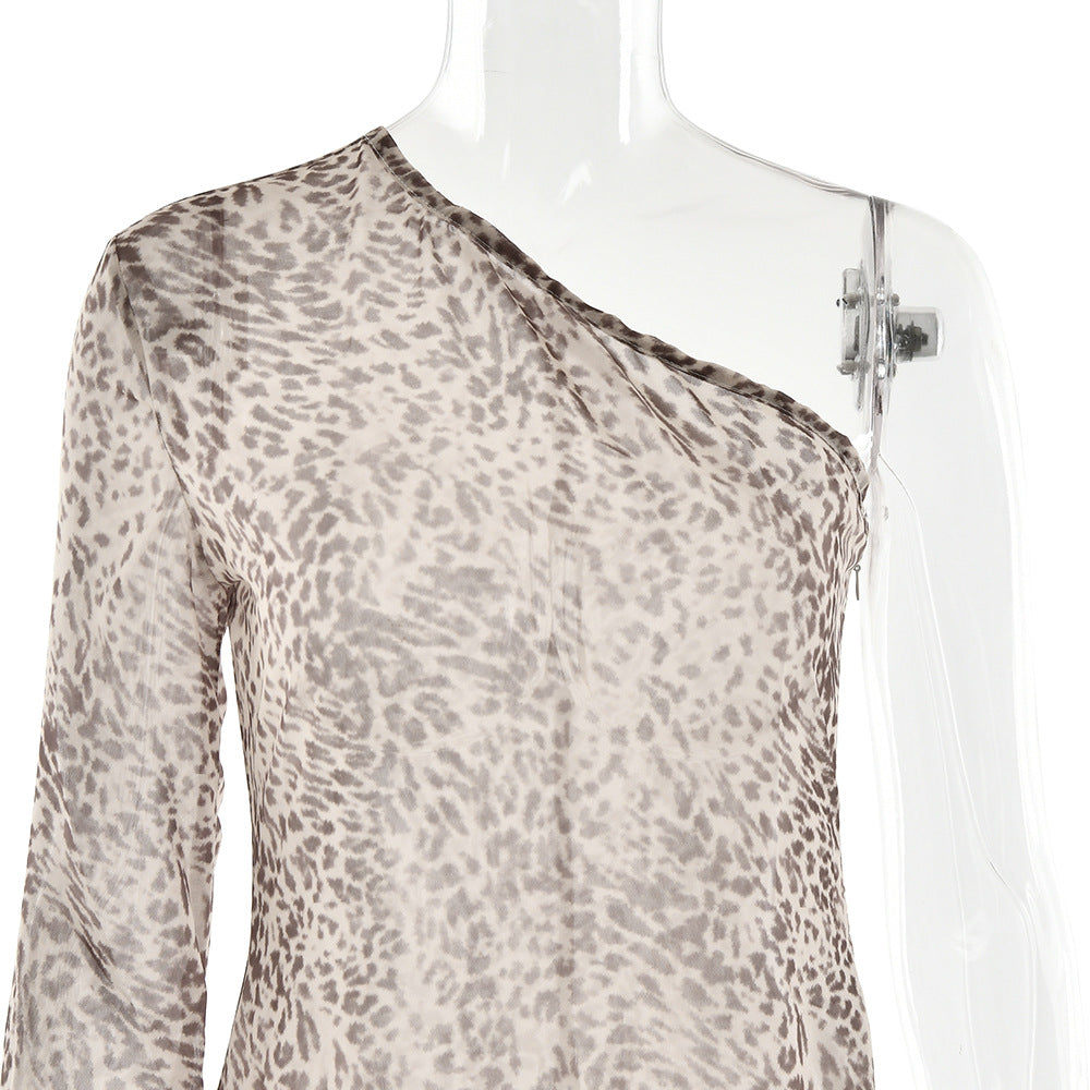 Leopard Print See-Through Long Dress