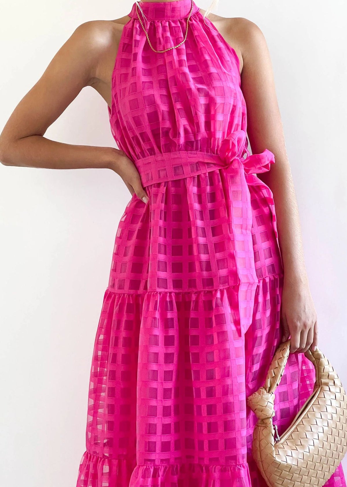 Plaid Retro Maxi Dress with Stand Collar for Women