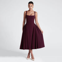 French Square Neck Shirred Long Dress