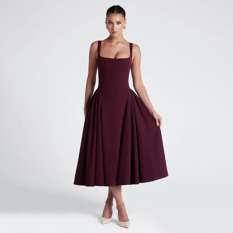 French Square Neck Shirred Long Dress