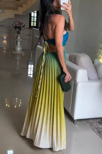 Gradient Pleated Backless Maxi Dress
