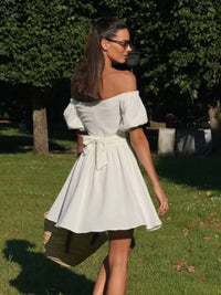 Off Shoulder Short Sleeve Lace-Up Dress
