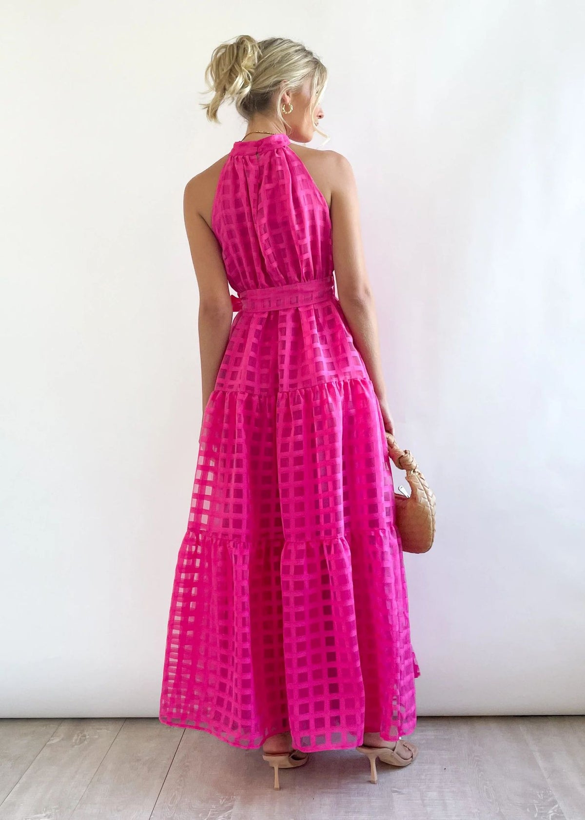 Plaid Retro Maxi Dress with Stand Collar for Women