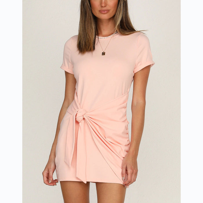 Casual Trends Personality Lower Hem with Lace Solid Color Short Sleeve Dress