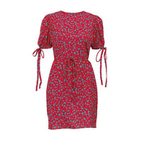 Floral Summer Round Neck Short Sleeves Lace-Up Slimming Dress