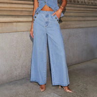 Sleeveless Button-Up Vest and Wide-Leg Jeans Set