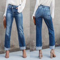 Urban Casual Washed out Women Straight Leg Denim Trousers