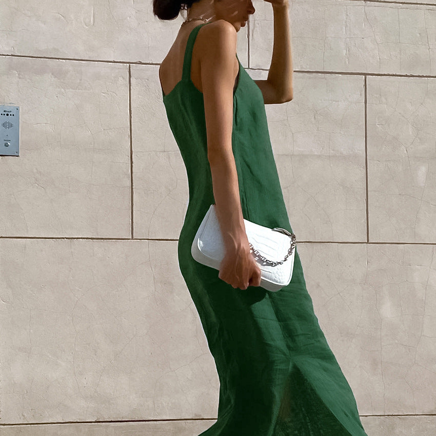 French Maxi Dress Cotton Linen Sleeveless Dress