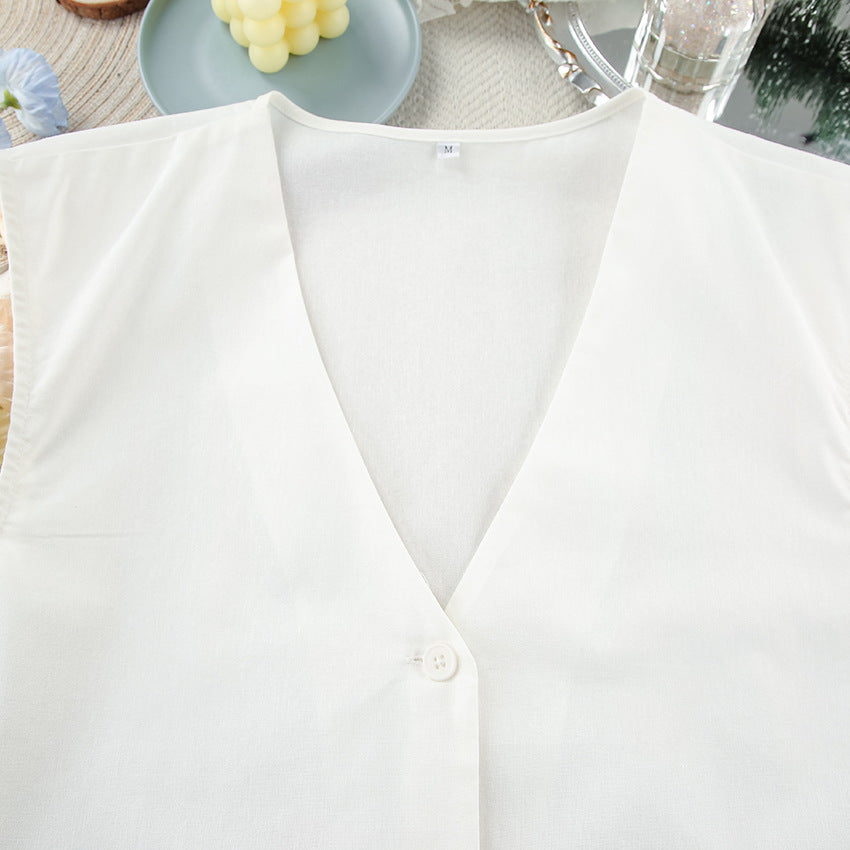 White V neck Cotton Linen Sleeveless Waistcoat Vest Trousers Spring Summer Two Piece Sets for Women