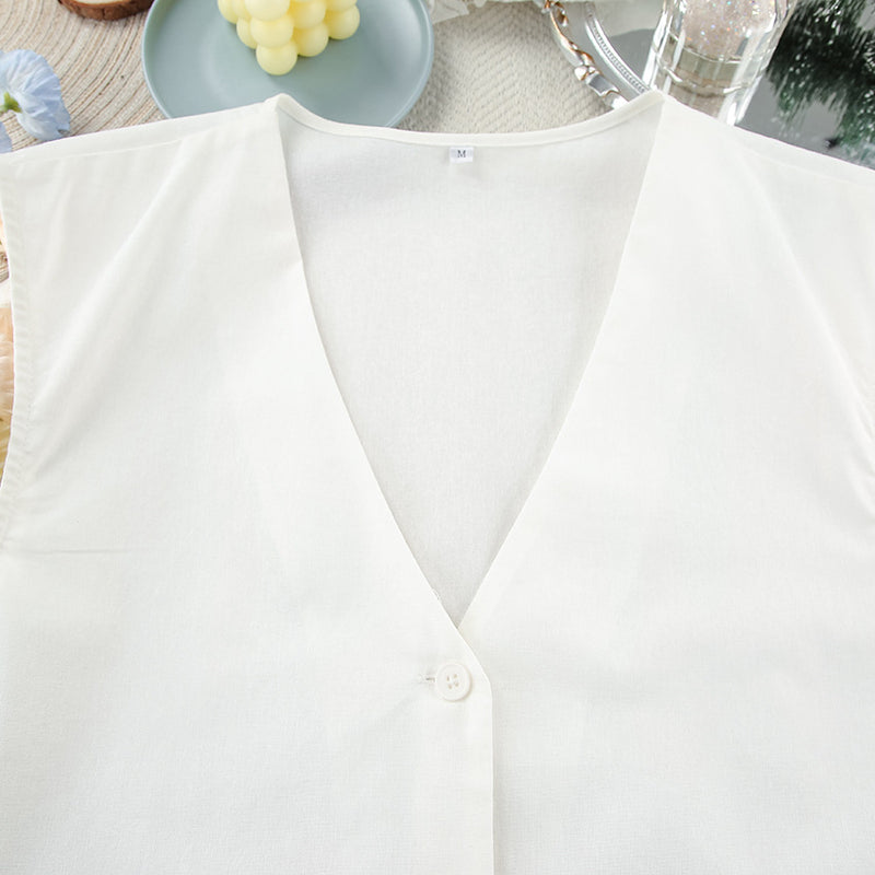 White V neck Cotton Linen Sleeveless Waistcoat Vest Trousers Spring Summer Two Piece Sets for Women