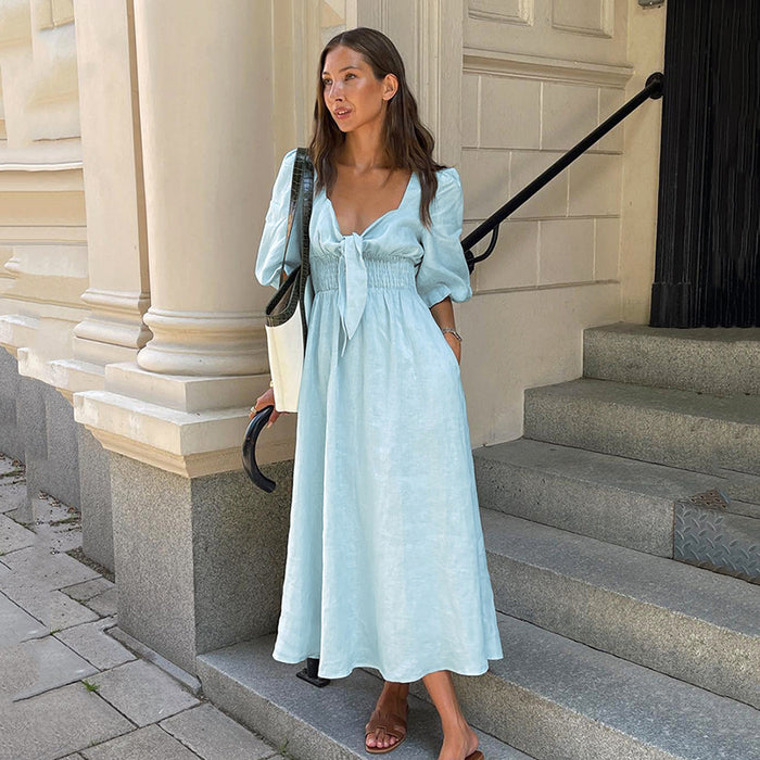 Light Blue Cotton-Linen V-Neck Puff Sleeve Dress